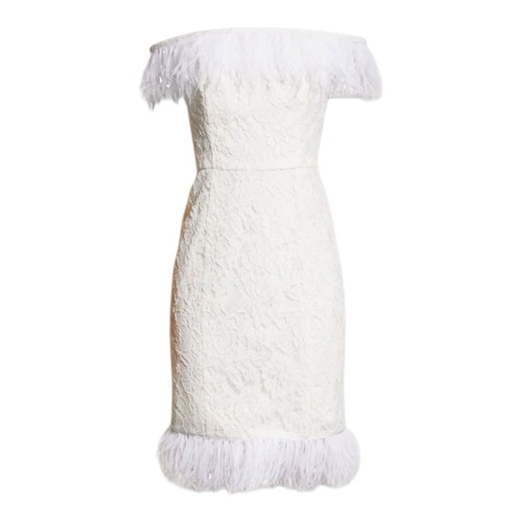 Off-Shoulder Feather-Trim Lace Dress, Aidan Mattox Women White NWT Size 2 - Picture 4 of 10